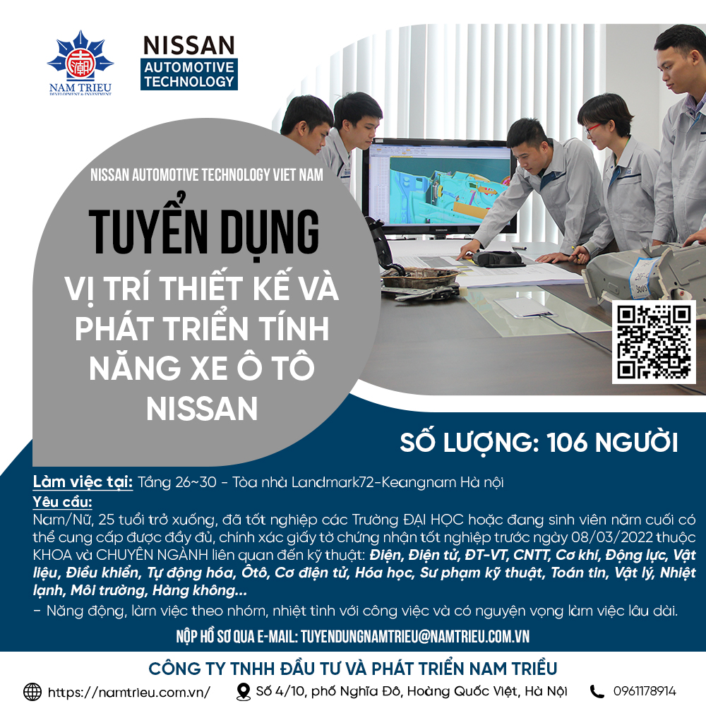 Công ty TNHH Nissan Automotive Technology Viet Nam tuyển dụng thiết kế và phát triển tính năng xe ô tô